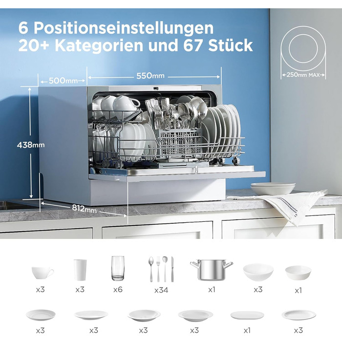 Посудомийна машина Midea Mini 6 комплектів посуду, 6+1 програми, IoT-керування, таймер відстрочки запуску, покращена сушка, компактна для малогабаритних квартир, модель 2024, енергоклас D