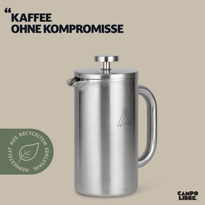 Френч-прес Campo Libre® Giorgio з нержавіючої сталі 0.6л (600мл) з термофункцією | Без пластику, з фільтром | Екологічний, з переробленої сталі