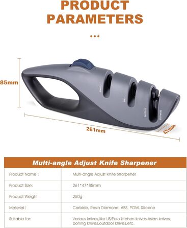 Професійний ручний точило для ножів з 5 кутами, дизайн з Великобританії, 3-ступенева заточка роликів, для кухонних ножів, ножів для хліба, кишенькових ножів, мисливських ножів, ножиць (сірий, 26 см)