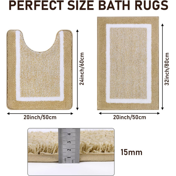 М'який килимок для ванної кімнати Pauwer Set 3 шт., мікрофібра, вбираючий, з антиковзаючим покриттям, комплект килимків для ванної, туалетного килимка та килимка перед ванною (Бежевий, 50x80+50x60 см)