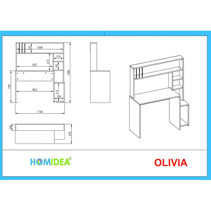 Комп'ютерний стіл HOMIDEA Olivia з полицями 45T x 114B x 139H для офісу, вітальні, дитячої кімнати (білий)