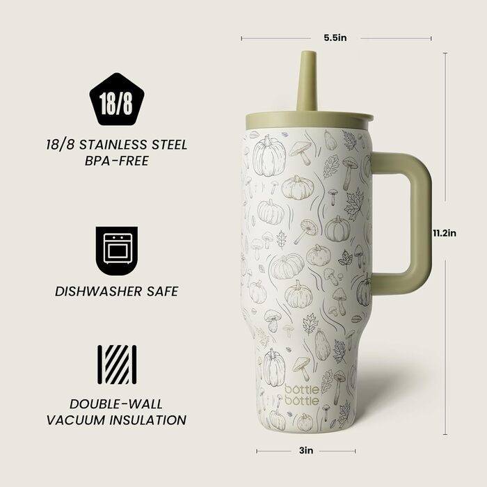 Термокружка-пляшка з нержавіючої сталі 900мл з ручкою та трубочкою – BPA-free, подвійні стінки, без витоку – для подорожей, офісу, навчання, спорту та як подарунок (дизайн «Кропива»)