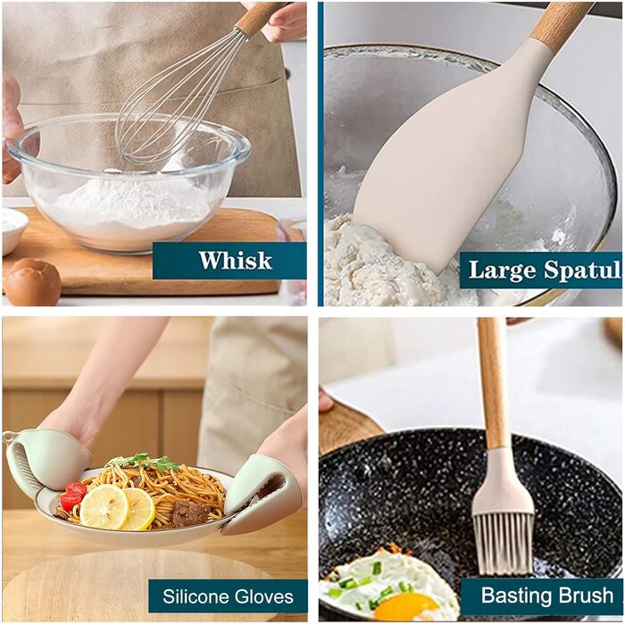 Набір кухонних аксесуарів з силікону, 28 предметів. Набір кухонних помічників, лопатки з підставкою для посуду з антипригарним покриттям, стійкий до високих температур, хакі