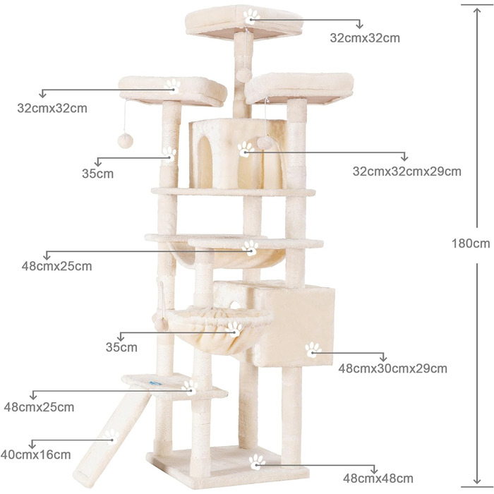 Кігтеточка Hey-brother 180 см XXL, стайня з сизалевою мотузкою, дошка для когтеточок, кошик, 3 платформи, 2 будиночки, бежева