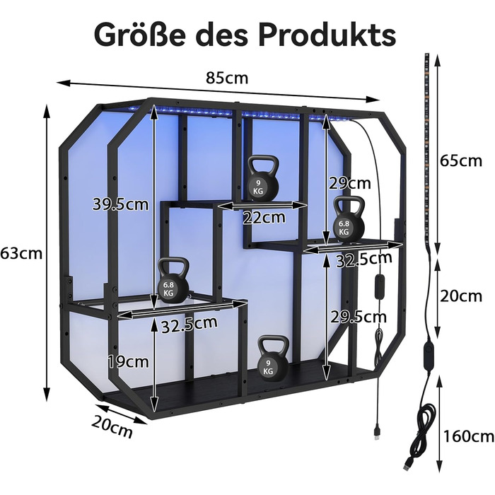 Підвісні полиці YU YUSING з RGB підсвічуванням 7 кольорів, геймерські полиці з 8 гачками, полиці для демонстрації, настінна вітрина з 2 скляними полицями, підвісна вітрина для спальні, кухні, бару, ігрової кімнати, шестигранна (чорний колір)