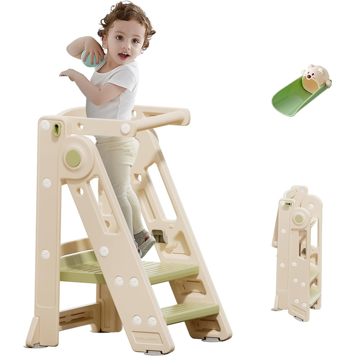 Стілець-сходинка для дітей Hoopyosms: регульована висота, складаний, Montessori, для кухні, ванної кімнати та дитячої кімнати, від 1 року (зелений, Classic)