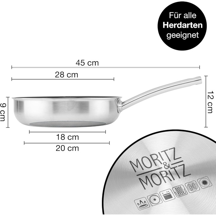 Пан з нержавіючої сталі Moritz & Moritz 28 см з керамічним покриттям нового покоління - підходить для всіх типів плит - антипригарна сковорода з вафельною структурою для приготування, смаження та тушкування. Діаметр 28 см (без кришки)