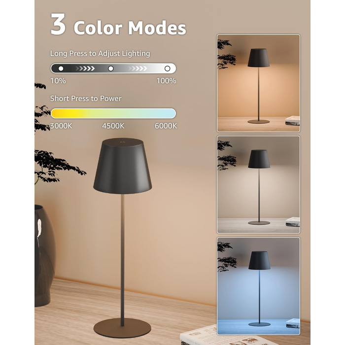 LED настільна лампа FUYO 2 шт. в наборі, акумуляторна, USB-C, сенсорне керування, регулювання яскравості, 2700K-6000K, 3 кольори, для дому та вулиці (чорний)