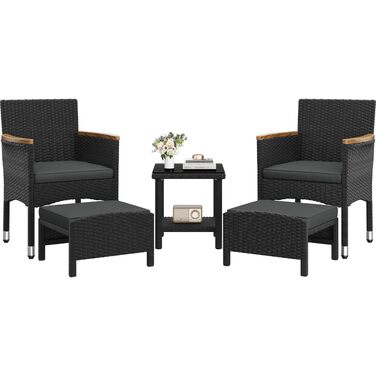 Садовий набір меблів Yaheetech з ротангу для балкона та тераси 5 предметів: 2 крісла, 2 пуфи, столик (чорний/сірий)