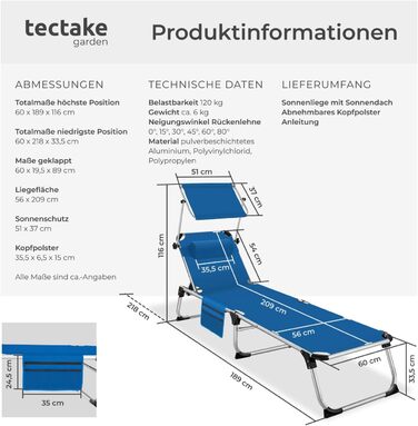 Шезлонг Tectake з дахом, шезлонг для балкона з алюмінію, складаний садовий шезлонг, стійкий до погодних умов, лежак для саду, кемпінгу та пляжу, регульована спинка, подушка для голови, бічна кишеня - сірий меланж (блакитний)