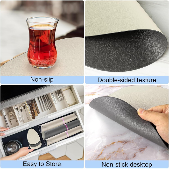 Набір з 6 підставок під тарілки, миючіся з підставками, двосторонні, з імітацією шкіри, водонепроникні для столу, кухні, ресторану та дому (6 шт., бежево-сірі)