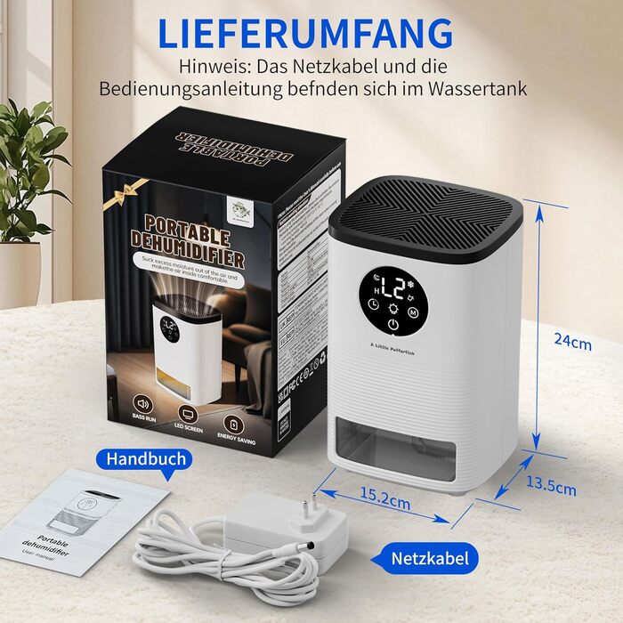 Електричний осушувач повітря 1600 мл, портативний, тихий, з автоматичним вимкненням та 7-кольоровим підсвічуванням для спальні, ванної кімнати та дому