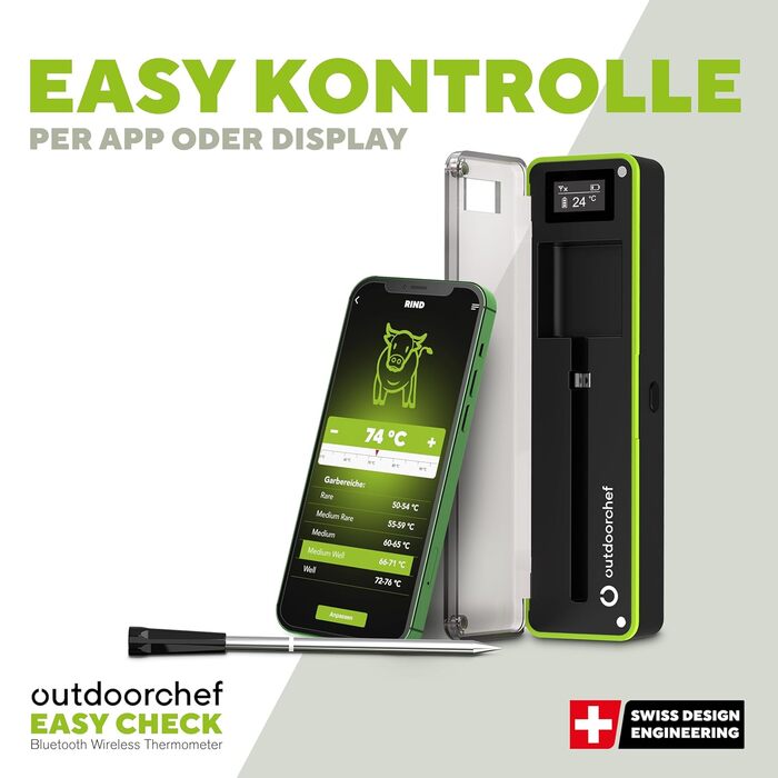 Термометр для гриля Outdoorchef Easy Check Quadro з Bluetooth, 4 датчики, 200м, миюча посудомийна машина, з магнітною док-станцією