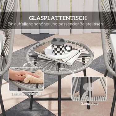 Набір садових меблів на 3 місця: 1 стіл, 2 стільці, ротанг, сталевий каркас, журнальний столик зі скляною стільницею, темно-сірий