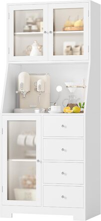 Кухонна шафа HOCSOK 163 см з робочою поверхнею, буфет, шафа для зберігання продуктів, 3 дверцята та 4 висувні ящики, висока шафа для кухні, вітальні, їдальні, бару, білий колір