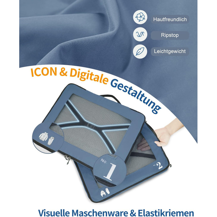 Набір органайзерів для валізи ECOHUB (7 предметів), дорожні пакувальні куби з застібкою-блискавкою з переробленого PET, синій