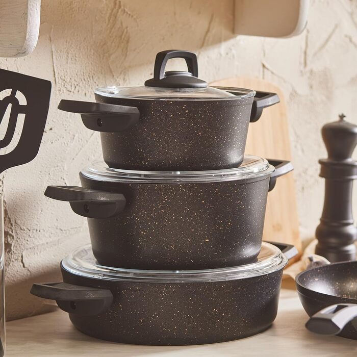 Набір каструль та сковорідок Karaca Ceramica Steel 3Ply: 13 предметів, чорний/золотий, з нержавіючою сталлю та керамічним покриттям