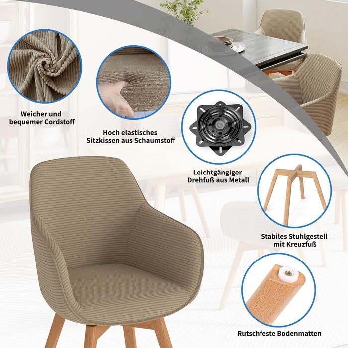 LEWE Комплект з 4 обертових стільців для їдальні з підлокітниками, 360° обертання, сучасна тканина Cord, стільці для кухні з дерев'яними ніжками та спинкою для вітальні, їдальні, спальні (Хакі, 4шт)