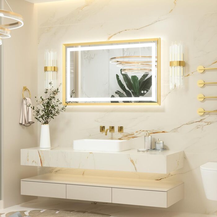 Дзеркало для ванної кімнати Keonjinn з підсвічуванням, металевий каркас 50x70 см, LED, без запотівання, сенсорне керування, 3 кольори світла, регулювання яскравості, пам'ять, настінне дзеркало (Золото, 60x100 см)