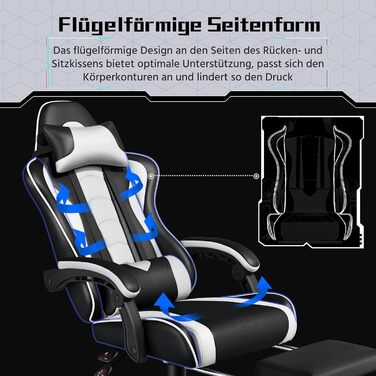 Ігровий крісло Yaheetech з масажем, комп'ютерне крісло з підніжкою, біле, регульована спинка 90-135°