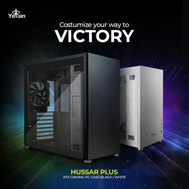 YEYIAN Hussar Plus Full Tower корпус для ПК з прозорою скляною боковиною, сумісний з ATX, Micro ATX, Mini ITX, з вентилятором 120 мм