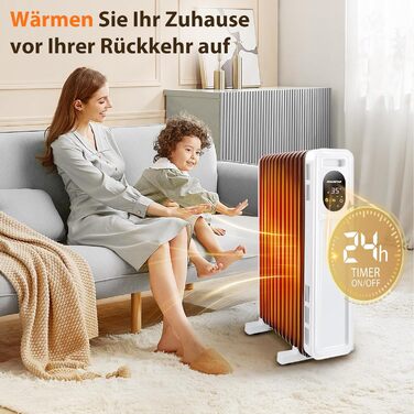 Електричний масляний радіатор Aigostar Cozy 2300W з пультом дистанційного керування, 11 ребер, термостат, 3 режими, таймер 24г, LED-дисплей, захист від перекидання та перегріву, мобільний обігрівач для кімнати