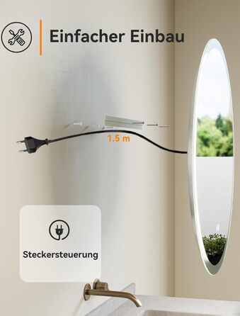 Дзеркало для ванної кімнати HOROW круглої форми з підсвічуванням, 80 см, LED, регулювання кольору світла (холодне, тепле, нейтральне), диммування, антизапар, без рами, IP44, енергозберігаюче (60x60 см)