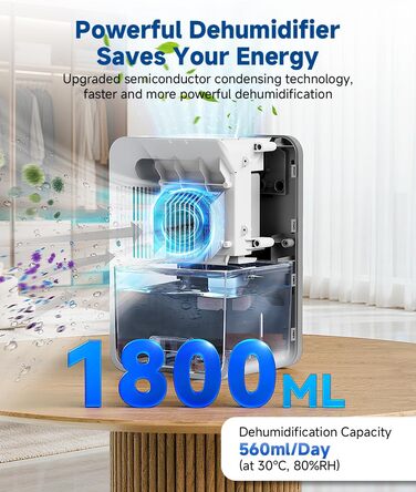 Електричний осушувач повітря 1800 мл з тихою роботою, функцією відтавання та автовимкнення, 7 кольорових підсвіток, портативний осушувач для спальні, ванної кімнати, підвалу, продуктивність 560 мл/24 год