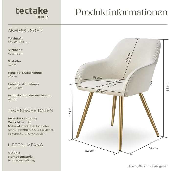 Тектейк® 4 шт. Крісла для їдальні/вітальні з підлокітниками, м'які, Cord, Loungesessel, для кухні, офісу - Кремовий/Золотий набір 4 шт.