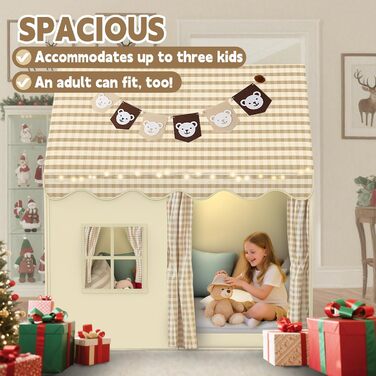 Дитячий намет-будиночок для гри в приміщенні з LED-підсвіткою та декором ведмедика, дитячий намет-ліжко, ігровий намет для дому, намет принцеси з вікнами, декор для дитячої кімнати, намет для читання та дитячий будиночок