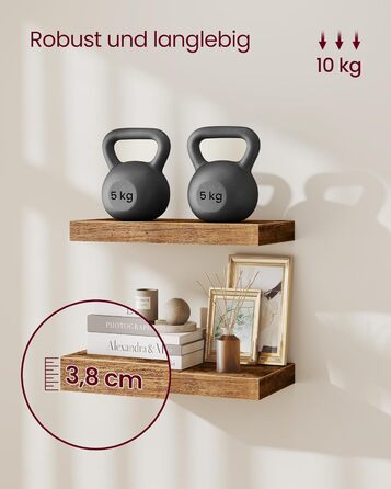 Настінна полиця VASAGLE, 3 шт. у наборі, 20 x 80 x 3,8 см, вінтажний колір, для фотографій, декору, вітальні, кабінету, кухні