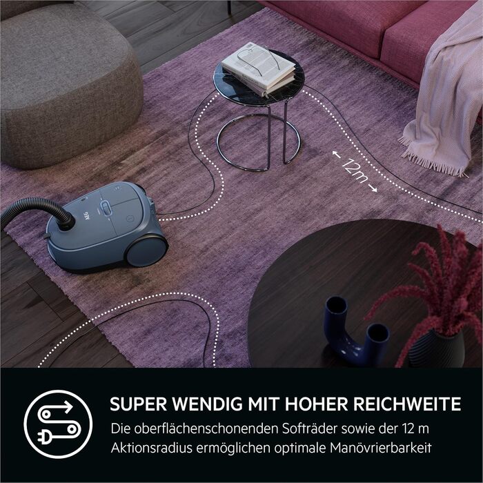 Пилсос AEG CLEAN 6000 з мішком, висока потужність, насадки, 55% перероблений пластик, для власників домашніх тварин, чищення м'яких меблів, радіус дії 12 м, 850 Вт, блакитний, AB61C2DBS Матовий блакитний