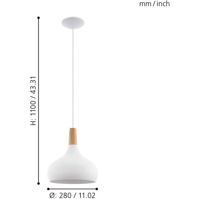 Підвісний світильник EGLO Sabinar, підвісний світильник на 1 полум'я, підвісний світильник зі сталі та дерева, колір коричневий, цоколь E27, Ø 40 см (білий, Ø 28 см)