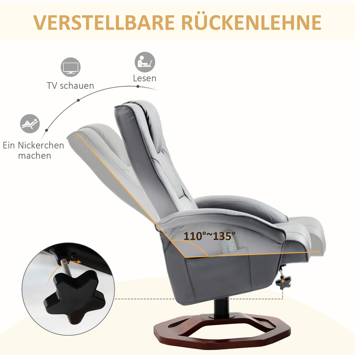 Масажне крісло HOMCOM Recliner з табуреткою Телевізор Функція відкидання на 360° з бічною кишенею Штучна шкіра 73 x 83 x 106см Темно-сірий | Аосом