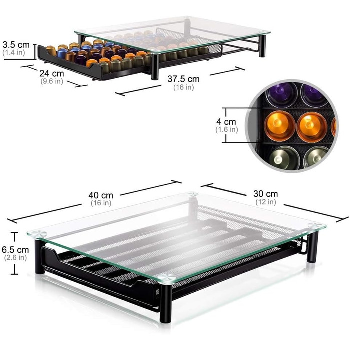 Підставка для капсул кави Masthome для Nespresso, на 60 капсул, зі скляною кришкою та шухлядою, з мікрофіброю