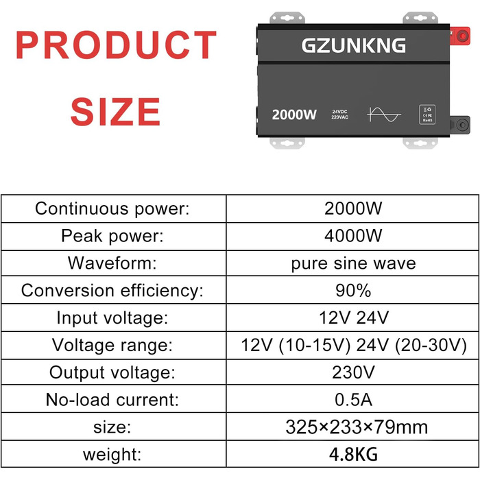 Інвертор GZUNKNG 2000 Вт/4000 Вт Перетворювач напруги з чистою синусоїдою 24 В до 230 В з РК-екраном, 2 вилки ЄС, 2 вентилятори охолодження для автомобіля, Type-C, оснащений зовнішнім перемикачем керування проводкою 24V2000W