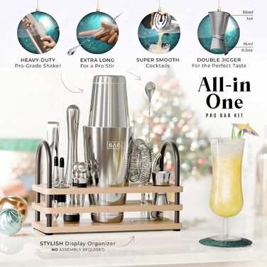 Набір для бармена Bare Barrel Pro: 14 предметів, Boston Shaker, стійка, рецепти, 28oz, професійний