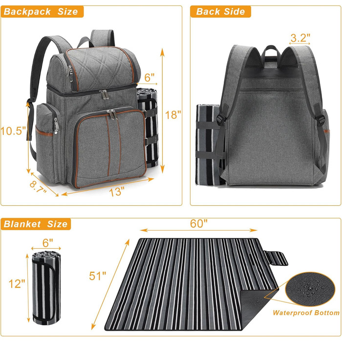 Набір для пікніка на 4 особи: рюкзак, корзина, сумка-холодильник, ковдра, для кемпінгу, парку (сірий)