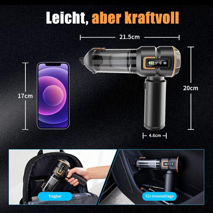 Акумуляторний ручний пилосмок для авто та дому 23000Па, міні-пилосмок з функцією продувки та насоса, 6000mAh, чорно-золотий