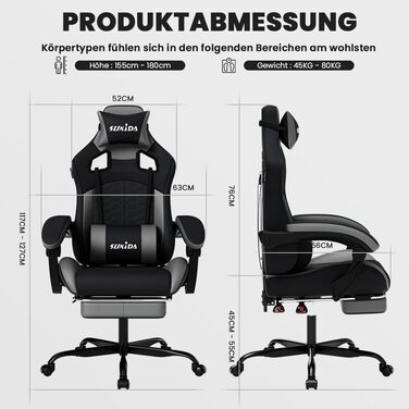 Ігровий крісло SUKIDA з підніжкою, ергономічний, для геймінгу та офісу, сірий