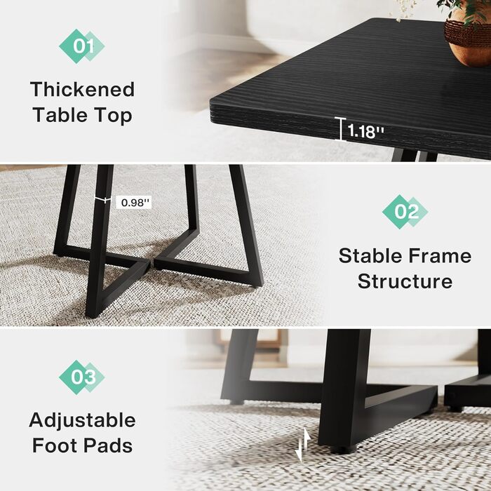 Стіл обідній Tribesigns 80x80 см, на 4 особи, промисловий стиль, металевий каркас (чорний)