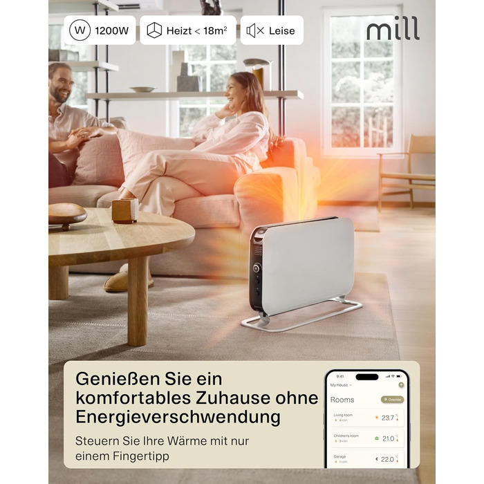 Електричний конвекторний обігрівач Mill 1200W, 14-18 м², WiFi, енергозберігаючий, білий