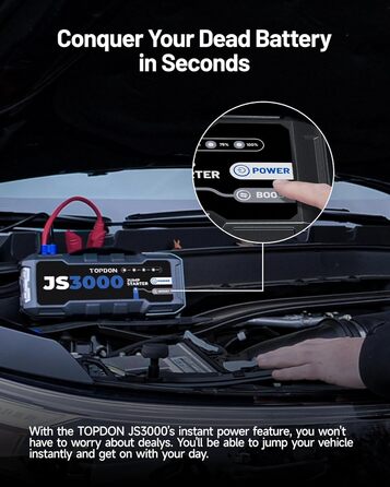 TOPDON JS3000 Powerbank-пускозарядний пристрій для авто, 24000mAh, 3000A, сумісний з бензиновими (9L) та дизельними (7L) двигунами, вбудований LED, EVA-сумка