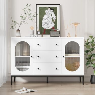 Буфет-шафа FirFurd 120 см білий з робочою поверхнею, 2 скляні дверцята та 3 висувні ящики для кухні, вітальні, їдальні. Розміри: 120x38x80 см