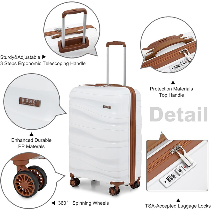 Валіза-тележка KONO, середнього розміру, легка, з жорстким корпусом та TSA замком, 4 колеса (кремовий, L)