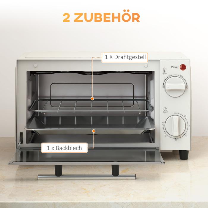 HOMCOM Міні-піч 9L Міні-піч із деко, решіткою для гриля, 100 °C-230 °C, з регульованою температурою та часом приготування, 60-хвилинний таймер, 750 Вт, нержавіюча сталь, кремово-білий | Aosom