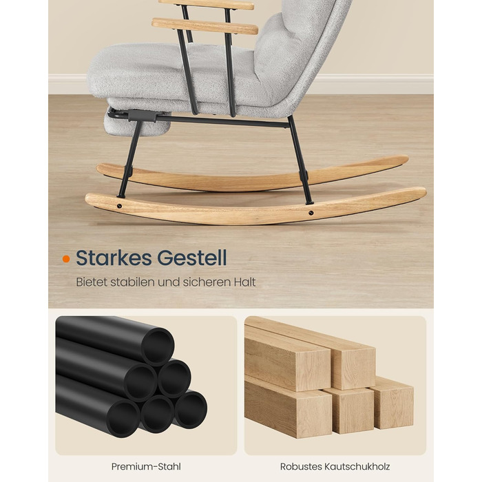 Крісло-гойдалка SONGMICS HOME з дерева каучука, з флісовою оббивкою, регульована спинка, до 160 кг, сірий (LYY016LJ01)