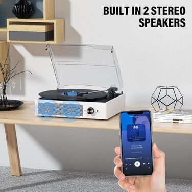 Вініловий програвач ретро-стилю з Bluetooth, портативний, 3 швидкості 33/45/78 об/хв, вбудовані стерео-динаміки, RCA вихід, AUX, білий