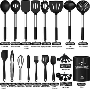 Набір кухонних помічників, 26 предметів: силіконове кухонне приладдя, посуд, стійкий до нагрівання, з тримачем, антипригарний, з нержавіючою ручкою, придатний для миття в посудомийній машині (чорний)