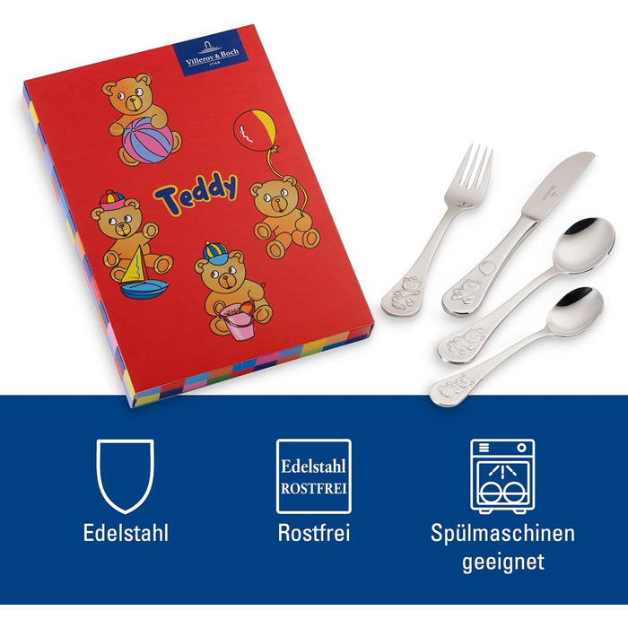 Дитячий столовий набір Villeroy & Boch Teddy, 4 шт., нержавіюча сталь 18/10, срібний, 21,5 x 15 x 2,5 см